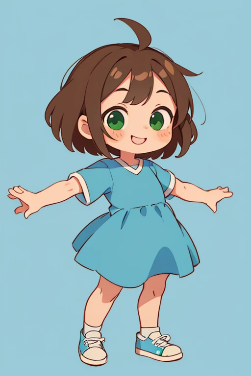 simple chibi style drawing of a cute girl smiling doing a straight pose standing with her arms behind her and her hands not showing, wearing a blue dress and white sneakers, brown hair and green eyes, chibi style full body