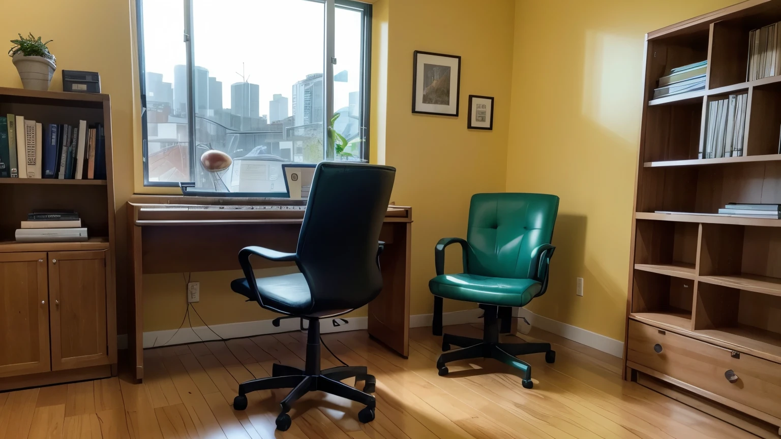 small office with bookshelf full of books, mesa com monitor (computador com imagens), caixa de som do computador, and swivel chair, um piano, vaso de planta, janela de vidro com vista para cidade, ambiente muito claro e colorido com cores fortes estilo jazz.