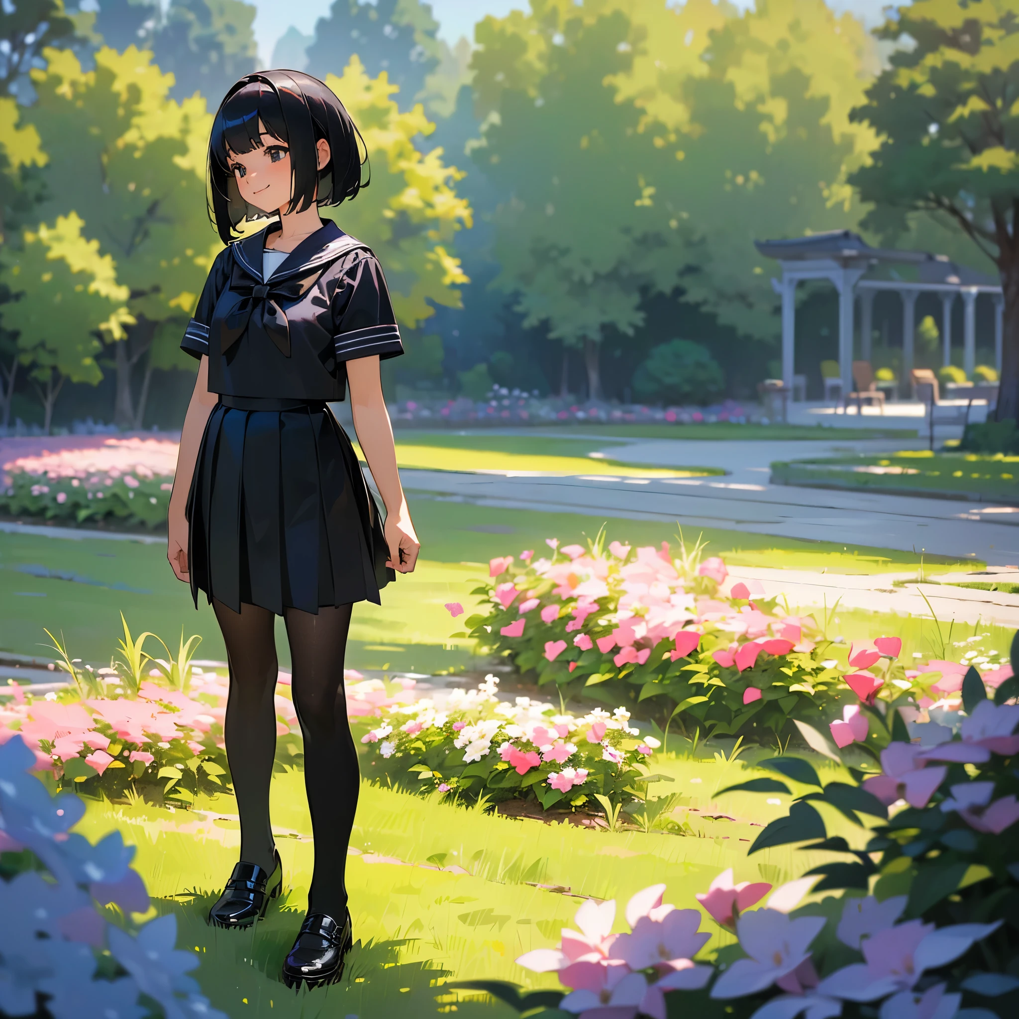 (highest quality, High resolution, Super detailed, Realistic:1.37), Peaceful atmosphere, (Outdoor, garden), Teenage girl standing alone, Beautifully detailed features, Cute Smile, ((Black bob hair)),Short-sleeved sailor uniform, Pleated skirt,Black tights,Leather shoes.