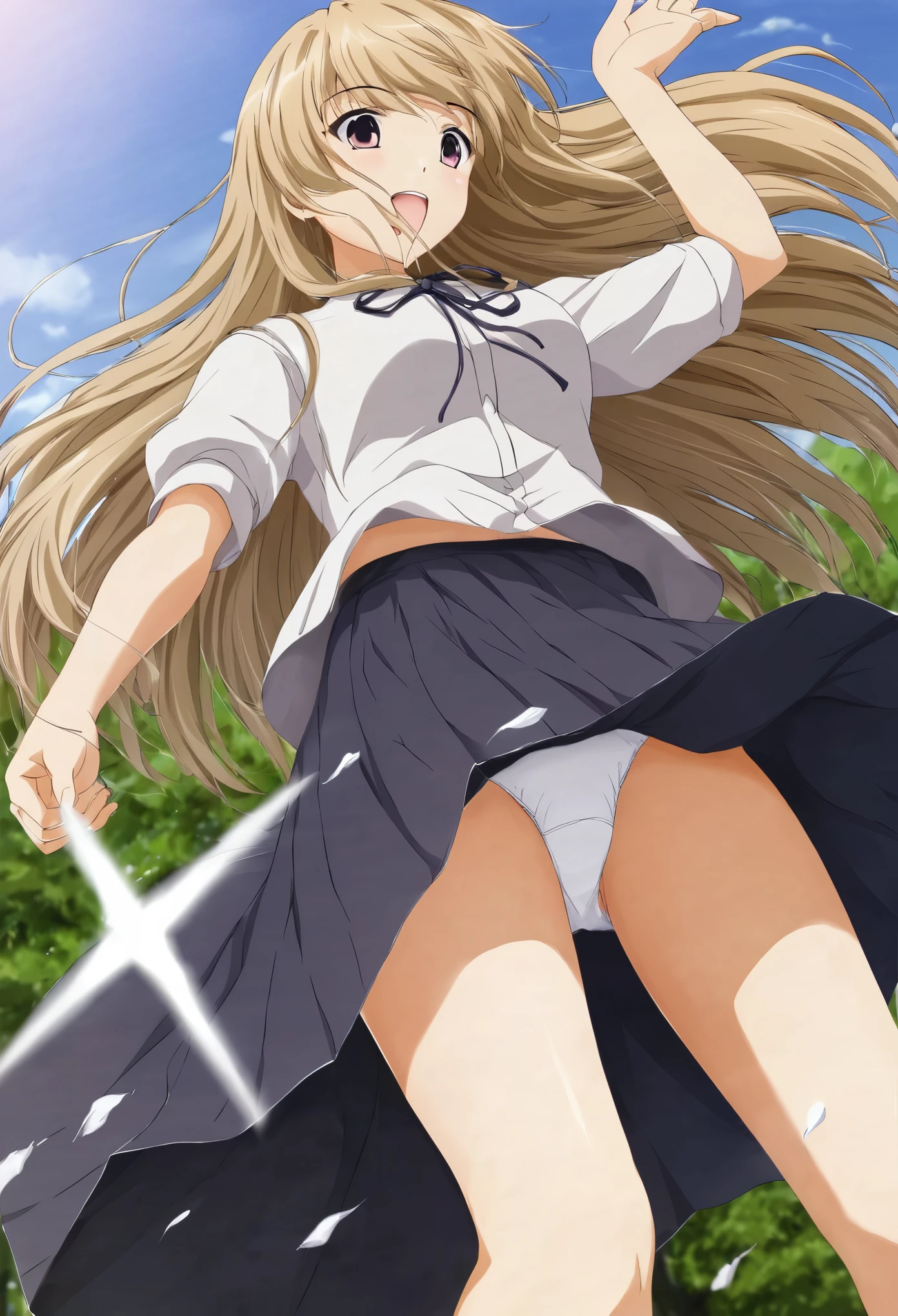 Low - Angle、Long skirt、強WindでHolding the flipping skirt with your hand、強WindでWhite cotton pantiesが見えている、:((Holding the flipping skirt with your hand))Low - Angle8Kで、highest quality、masterpiece、Ultra-detailed、Ultra-high resolution、Anime Style、1. High school girl、強Wind、((Holding the flipping skirt with your hand))、(impatient)White cotton panties:1.5), (Wind:1.25), (highest quality:1.0), (masterpiece:1.0), (Ultra-fine illustrations:1.0), ネイビーブルーのLong skirt、
、Lined、