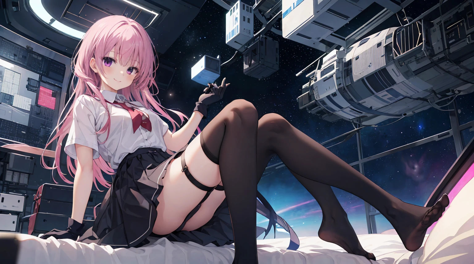 A girl,Solitary,Pink long hair,Moderate,Smile,Medium-length hair,Messy hair,Short sleeve,Short sleeve游戏服,Black skirt,Black stockings,Black gloves,Inside the spacecraft,on the bed,Glass Windows,Space background, Anime style 4k,Black stockings,black garter straps,No shoes,mitsukasa ayase、character-centered