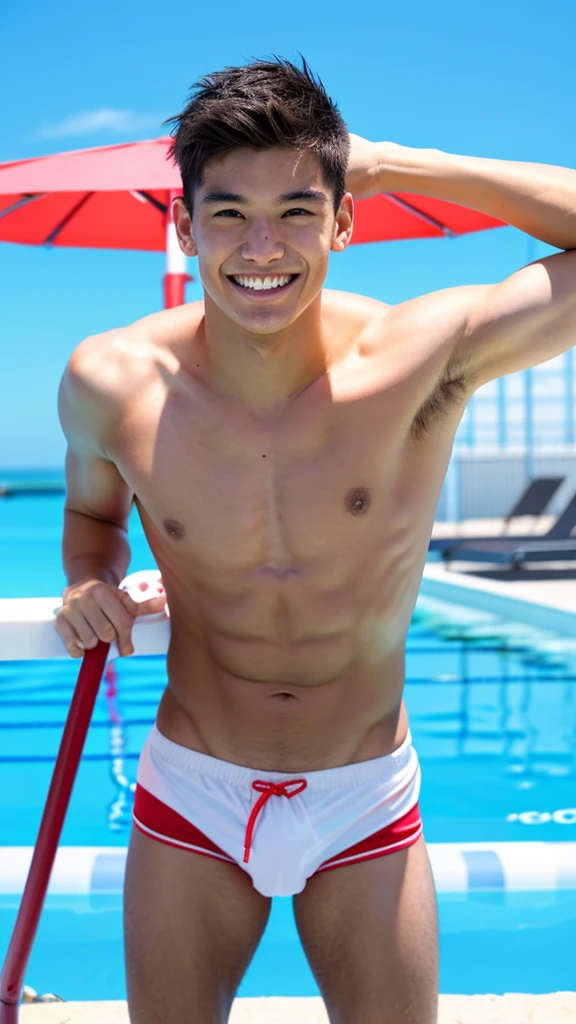 male Age 25 swimwear lifeguard topless smile