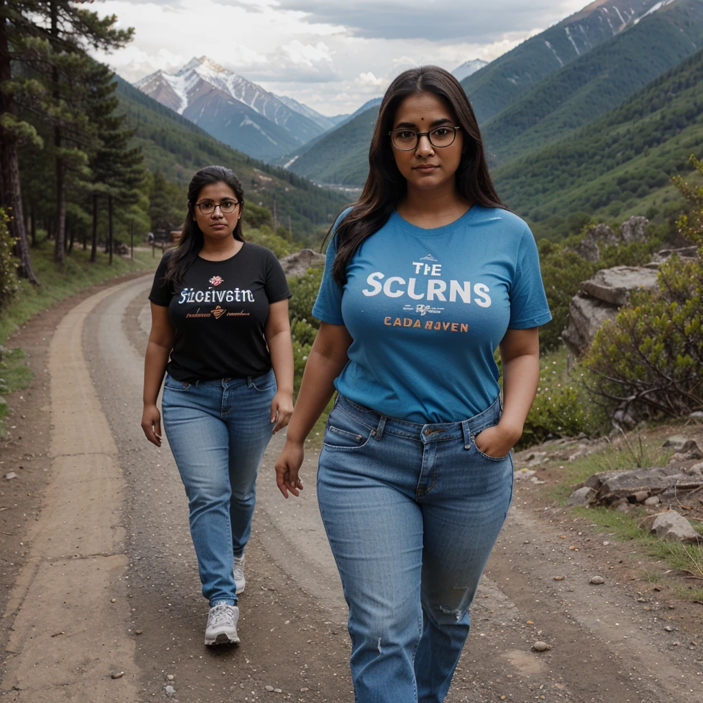 A woman, chubby, Indian walking through the mountains. Full body, realistic, wearing spectacles, Blue jeans, T shirt.