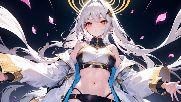 tmasterpiece，Best quality at best，A high resolution，1girll，Flowing silver hair，Crop tops，Fresh clothing，Golden-glowing eyes，、Fresh face、Clear eyes，Break shoulders，Falling petals。Faraway view，Water droplets on the crotch，seminude，Frail body type