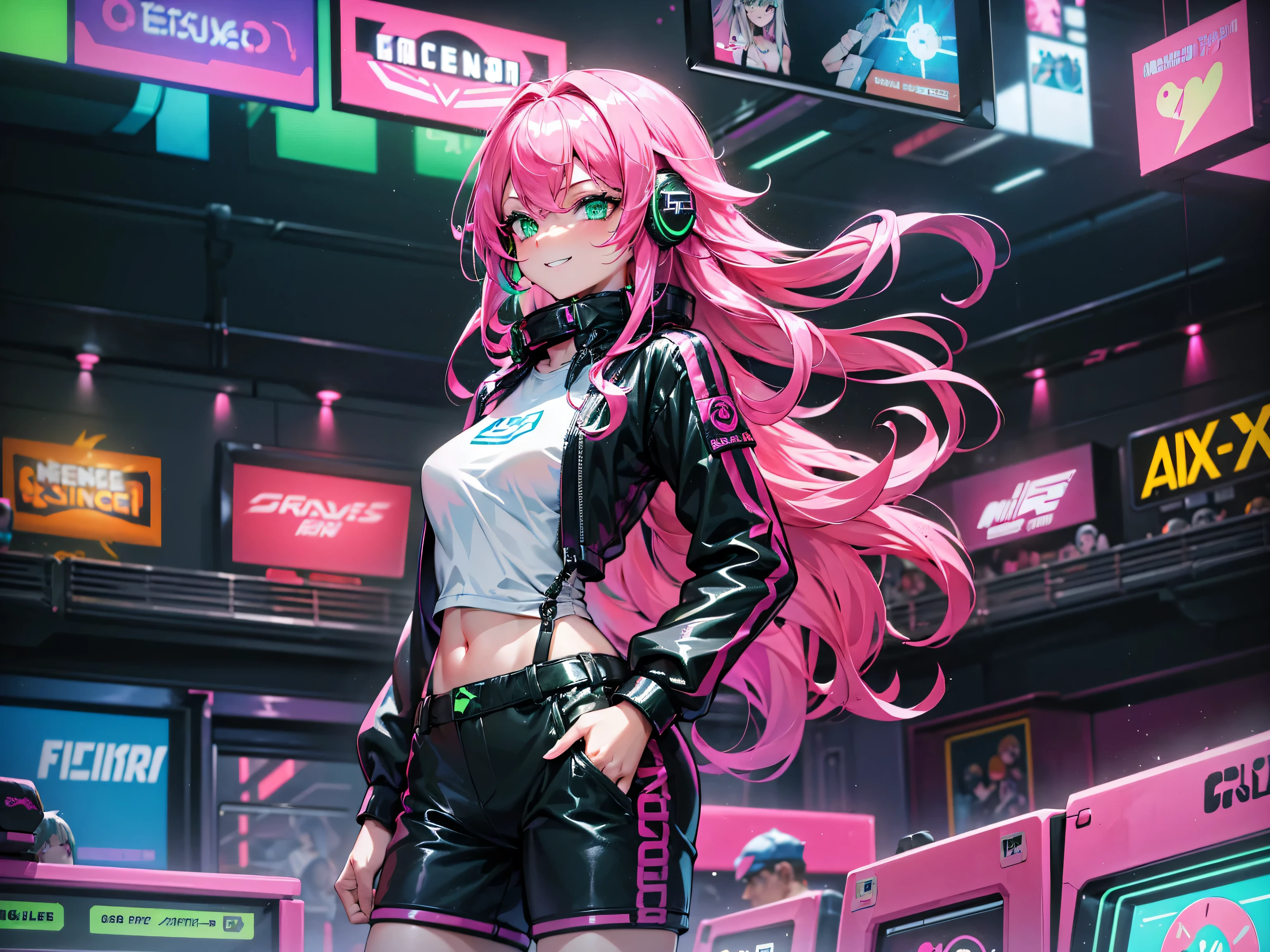 masterpiece:1.4, 1girl ((20year old, dressed in long sleeve shirt, tight black shorts, sneakers, medium breasts, multicolor pink hair, curly long hair, perfect model body, green eyes:1.4, Wearing headphones, looking up, happy, smiling, flirting, inside an arcade, arcade machines, neon lighting and colorful, futuristic club, futuristic and exciting atmosphere)) ((solo))