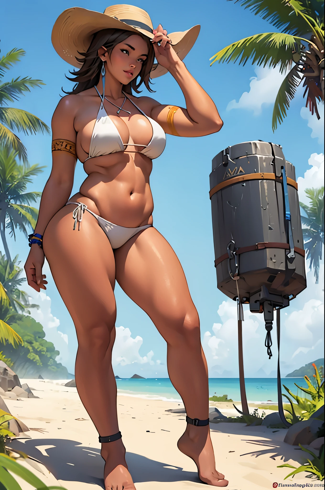 Girl in a bikini and hat holding a water bottle, corpo grosso, in a bikini, full body shot in bikini, body curvy, bikini model, pele latina, jovem brasileira, beautiful thick female, ela tem uma barriga Fitness, belas curvas, Tiny bikini