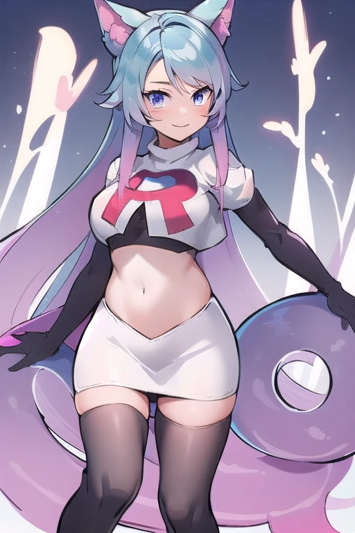 pixel-Silvervale 1girl, team rocket,team rocket uniform,white skirt,red letter R,crop top,black thigh-highs,black elbow gloves, masterpiece, best quality