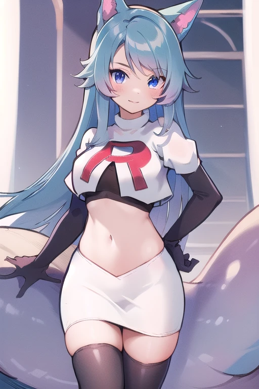 pixel-Silvervale 1girl, team rocket,team rocket uniform,white skirt,red letter R,crop top,black thigh-highs,black elbow gloves, masterpiece, best quality