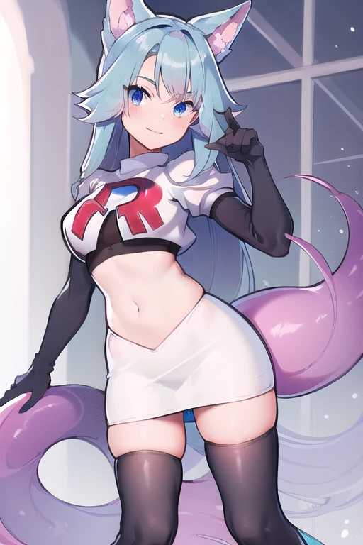 pixel-Silvervale 1girl, team rocket,team rocket uniform,white skirt,red letter R,crop top,black thigh-highs,black elbow gloves, masterpiece, best quality