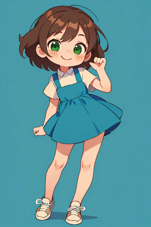 simple chibi style drawing of a cute smiling doing a straight pose standing with her hands not showing, hands hidden, wearing a blue dress and white sneakers, brown hair and green eyes, full body chibi style