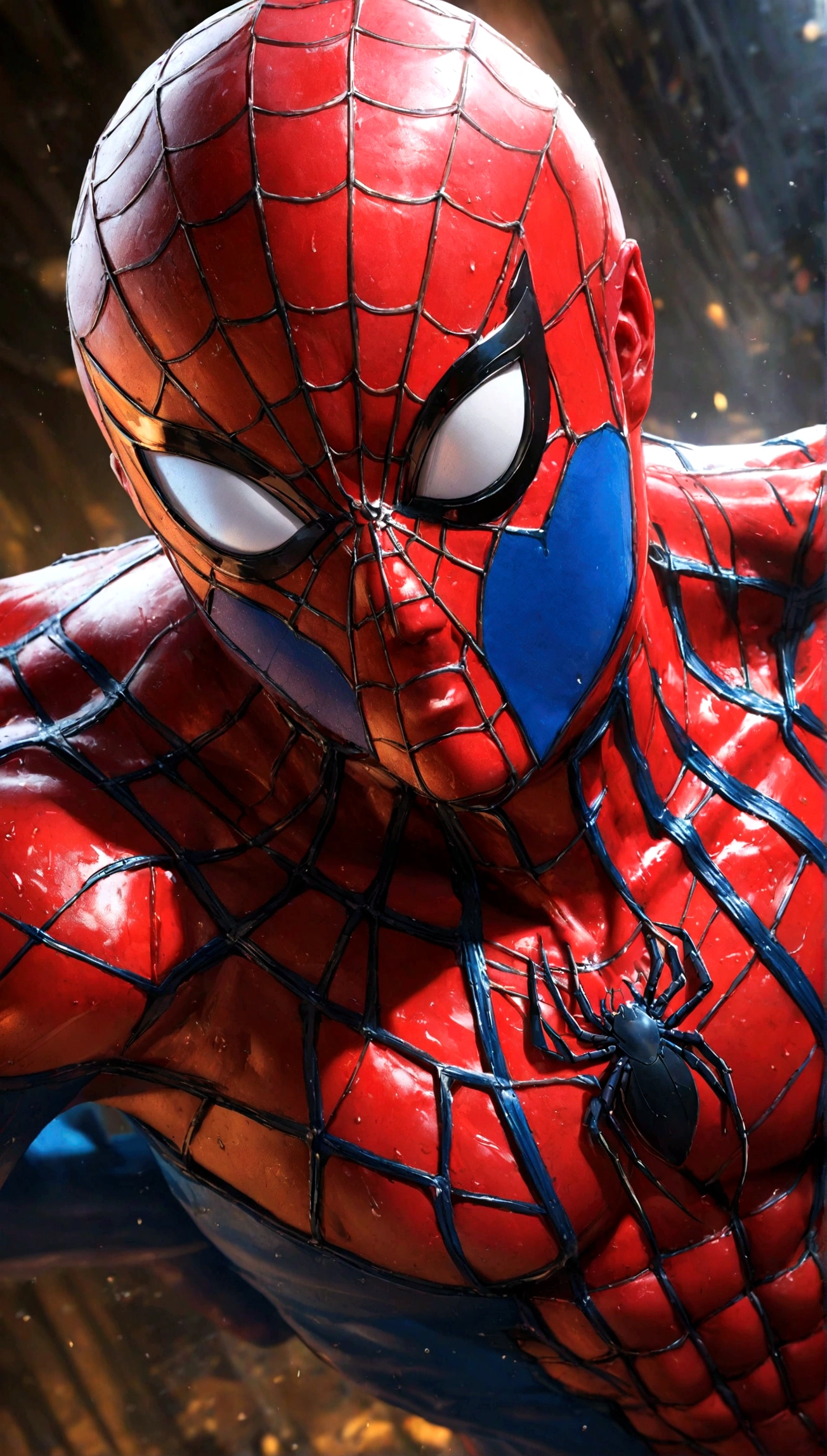 Spider-Man, realist, hyper-realistic, with kinetic muscles, textured saturated red and blue tragedy.