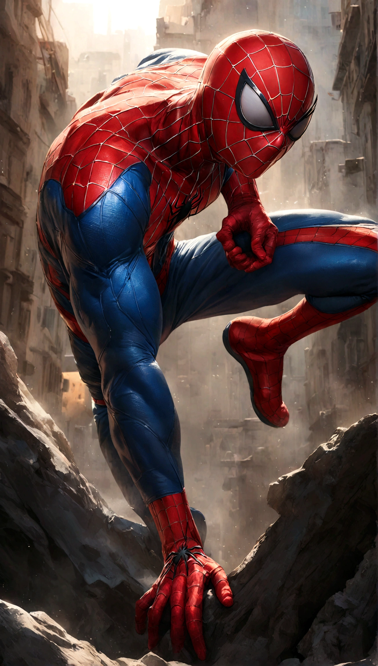 Spider-Man, realist, hyper-realistic, with kinetic muscles, textured saturated red and blue tragedy.