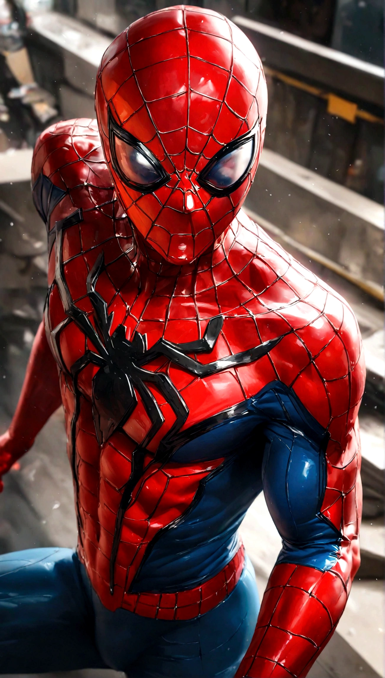 Spider-Man, realist, hyper-realistic, with kinetic muscles, textured saturated red and blue tragedy.