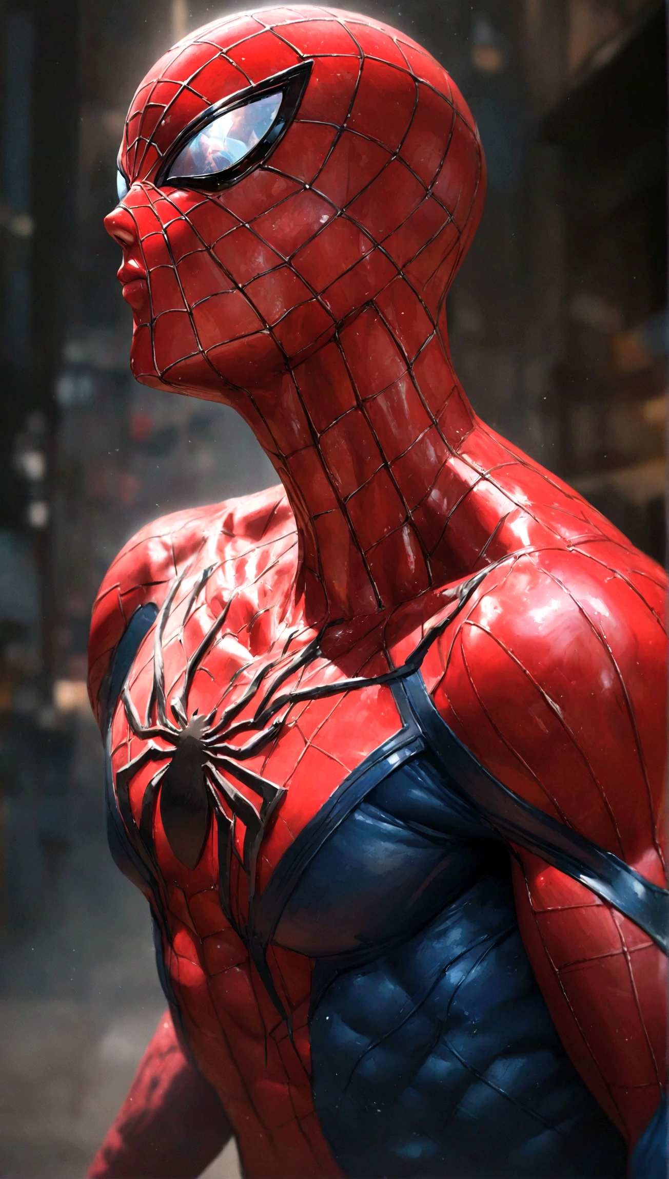 Spider-Man, realist, hyper-realistic, with kinetic muscles, textured saturated red and blue tragedy.