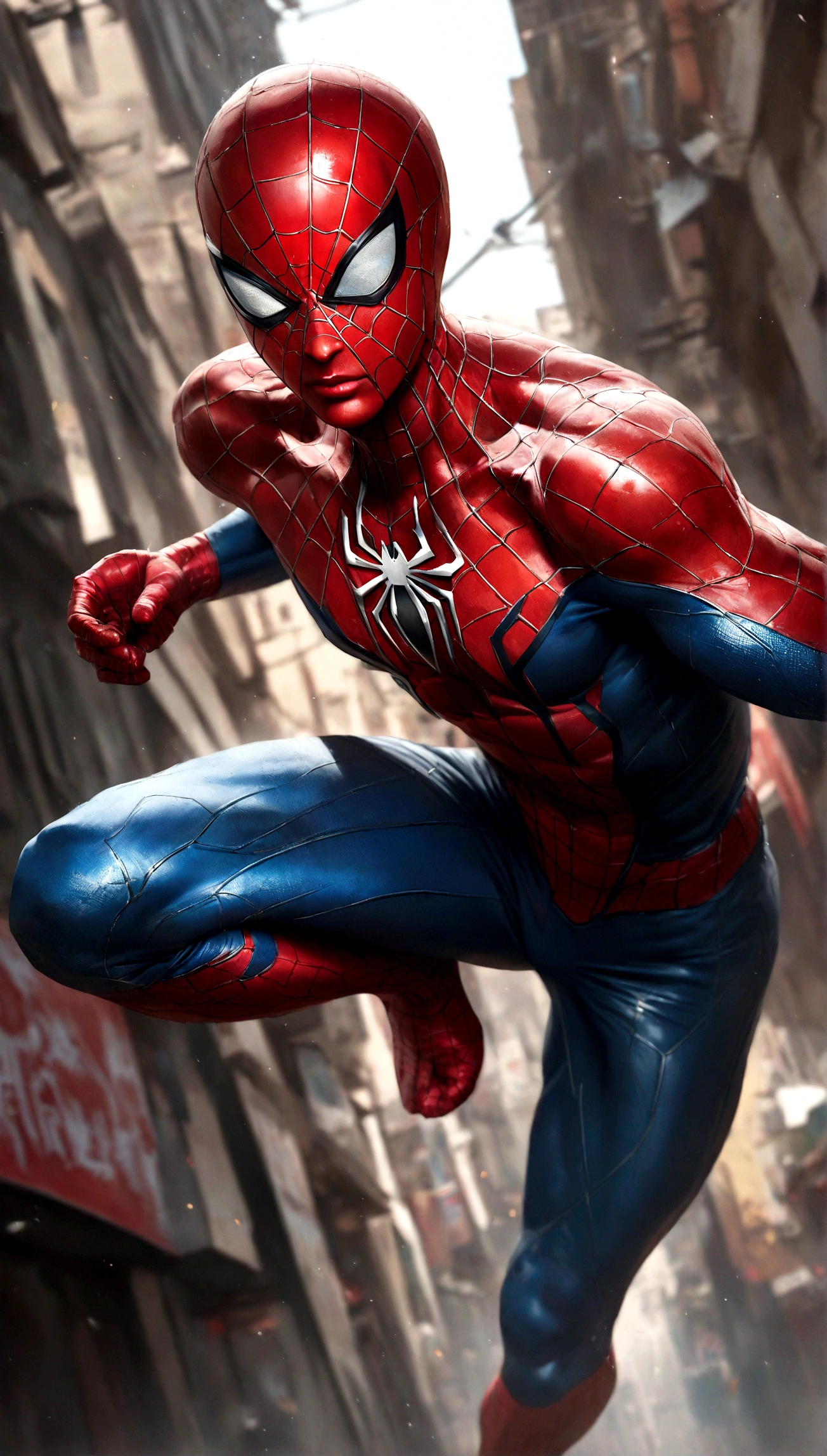 Spider-Man, realist, hyper-realistic, with kinetic muscles, textured saturated red and blue tragedy.