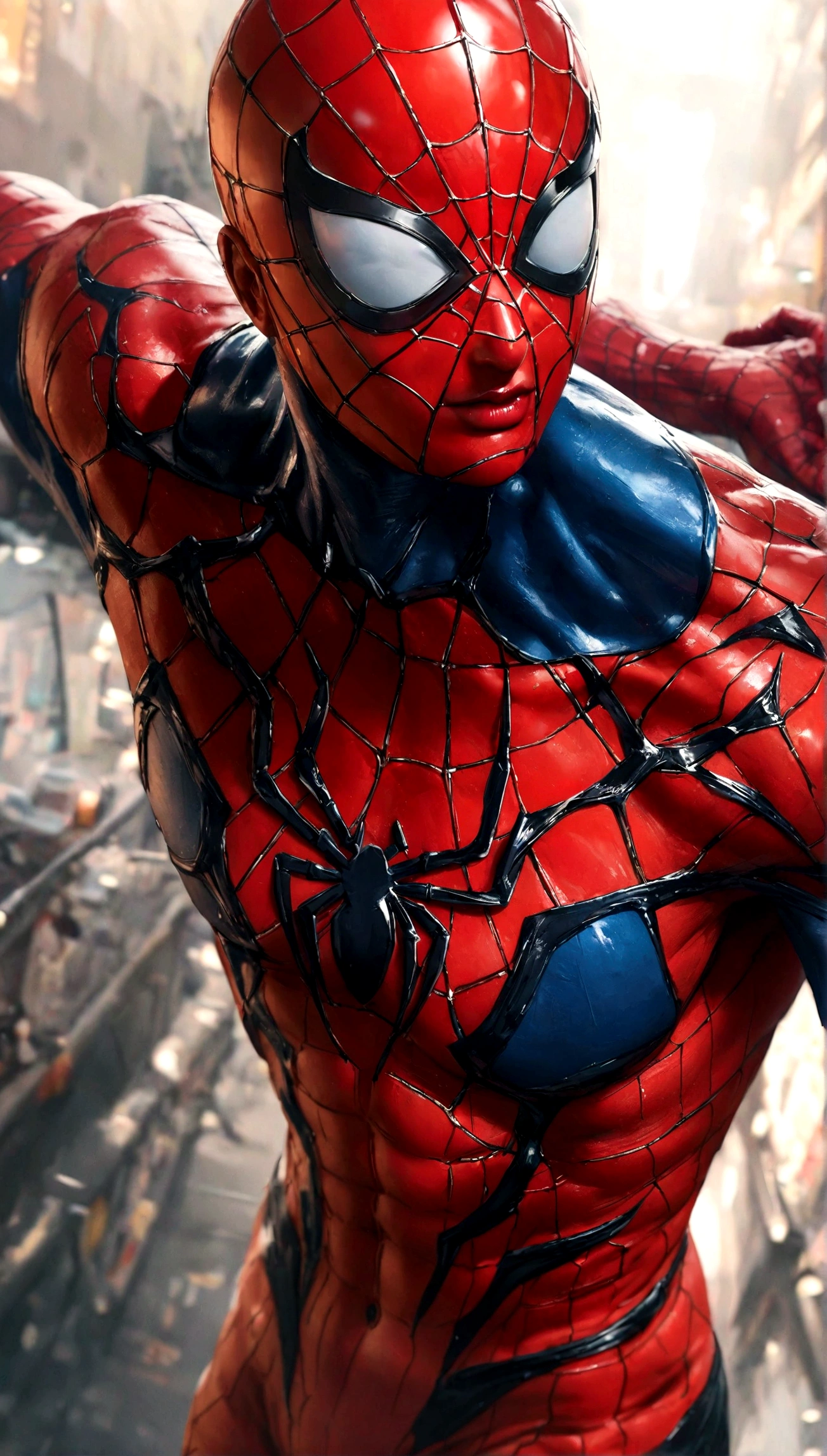 Spider-Man, realist, hyper-realistic, with kinetic muscles, textured saturated red and blue tragedy.