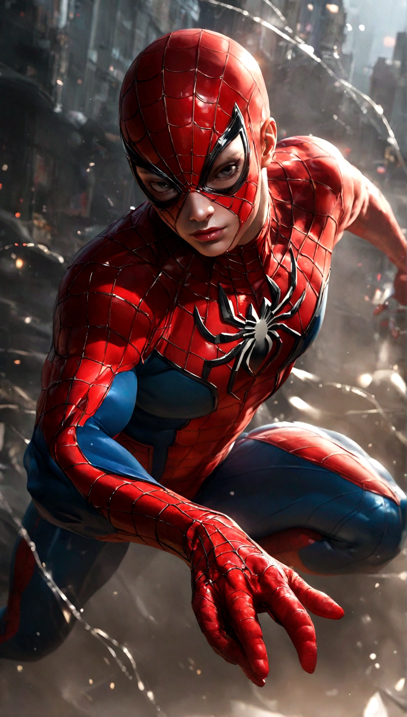 Spider-Man, realist, hyper-realistic, with kinetic muscles, textured saturated red and blue tragedy.