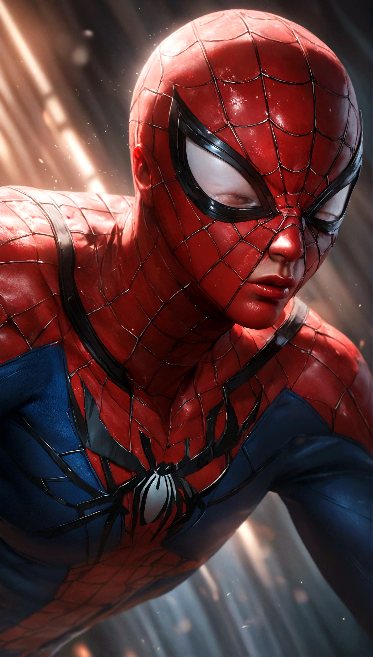 Spider-Man, realist, hyper-realistic, with kinetic muscles, textured saturated red and blue tragedy.