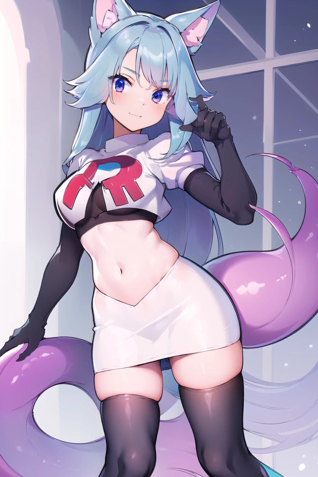 pixel-Silvervale 1girl, team rocket,team rocket uniform,white skirt,red letter R,crop top,black thigh-highs,black elbow gloves, masterpiece, best quality