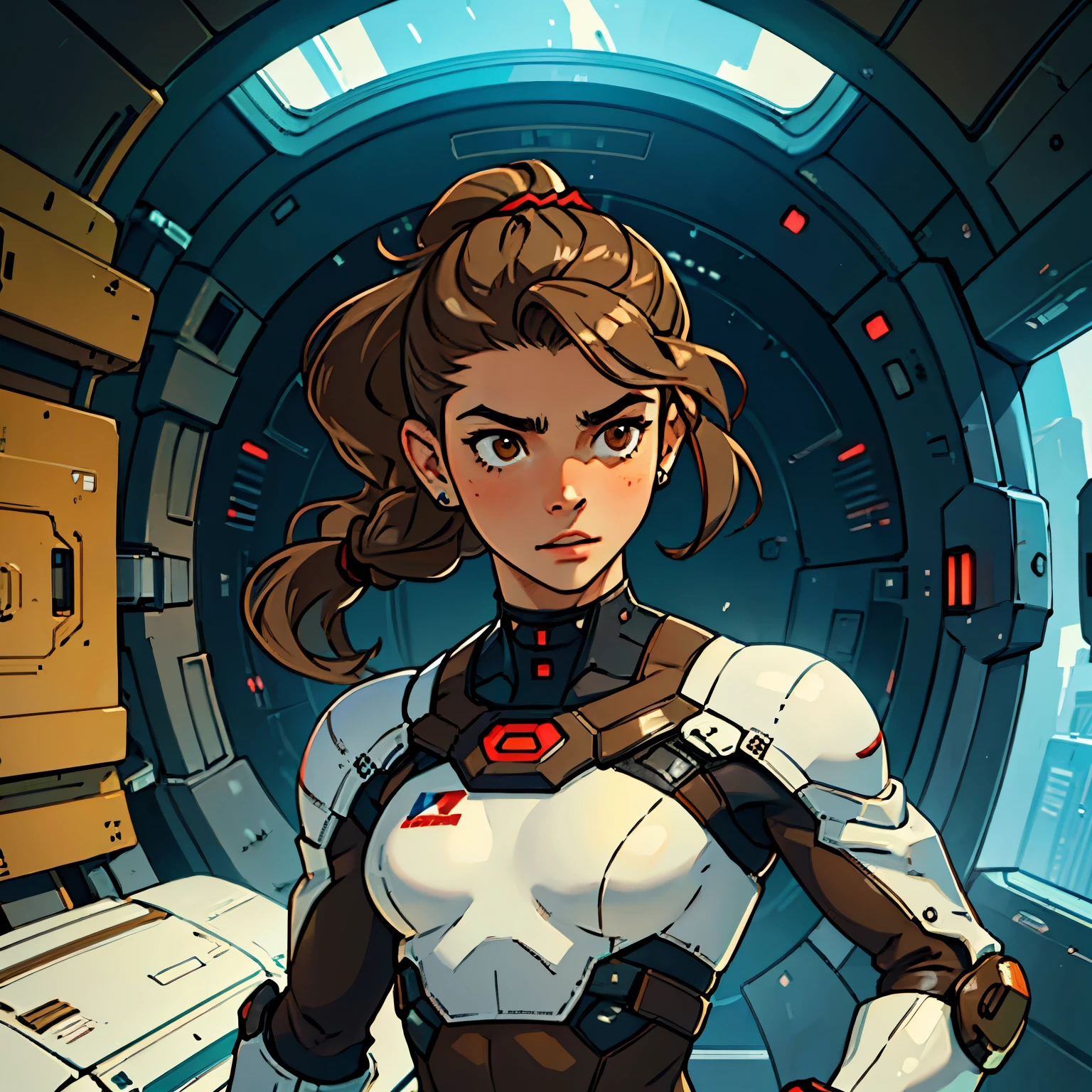 (Caucasian ager), 18 years old, brown eyes, (wavy brown hair), (hair tied back), medium hair, small breasts, she wears futuristic white suit. In futuristic shelter, talking