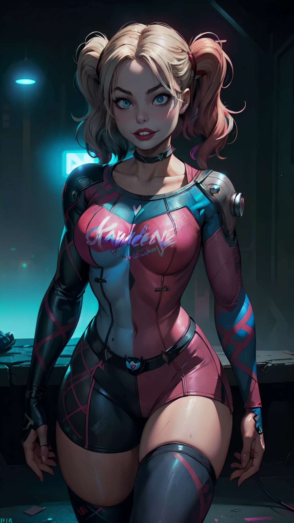 (La mejor calidad,A high resolution,Ultra - detallado,actual),Margot Robbie dressed as Harley Quinn in Suicide Squad all alone, (cabello pink +red Harley Quinn neon :1.4) ,(Fondo de ruinas de mazmorra en ruinas cyberpunk :1.4 ), score_9, score_8_up, score_7_up, score_6_up, rating_explicit, 1girl, Adult, full lips, big clear eyes, blue eyes, (( hair:1)), (long wavy hair: 1.2),(Harley Quinn:1.4), (Margot Robbie dressed as Harley Quinn in Suicide Squad all alon:1.4), More detailed 8K.motor irreal:1.4,UHD,La mejor calidad:1.4, fotorrealista:1.4, textura de la piel:1.4, obra maestra:1.8,obra-prima, mejor calidad,objeto Objeto], (detailed face features:1.3),(Las proporciones correctas),(Ojos hermosos azules), (pose vaquero), (face detailed :1.4), (dedos hermosos detailed), (perfect anatomy V2.1), (face detailed V2.1), (cinematic lighting :1.4), (neon cyberpunk :1.4) 
