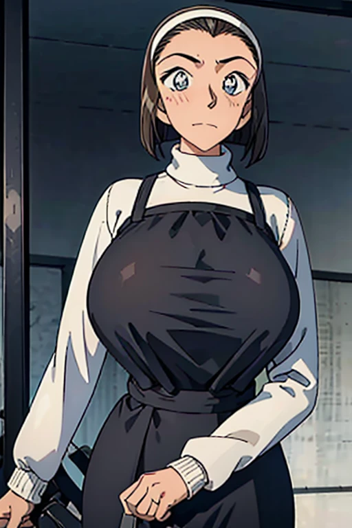 masterpiece, 16k, Japanese, 1 female ,60 years old ,(((White long sleeve warp knit sweater:1.5,Wear a black two-corner camisole long dress:1.2))) ,Shoulder straps、(Big Breasts:1.5) , Realistic, double eyelid, Textured skin, 1080p, Canon, 8k, Very detailed, Accurate, highest quality、impatience、Sweat:1.5、blush、Embarrassed face、smile、（Tight waist、Big Ass）