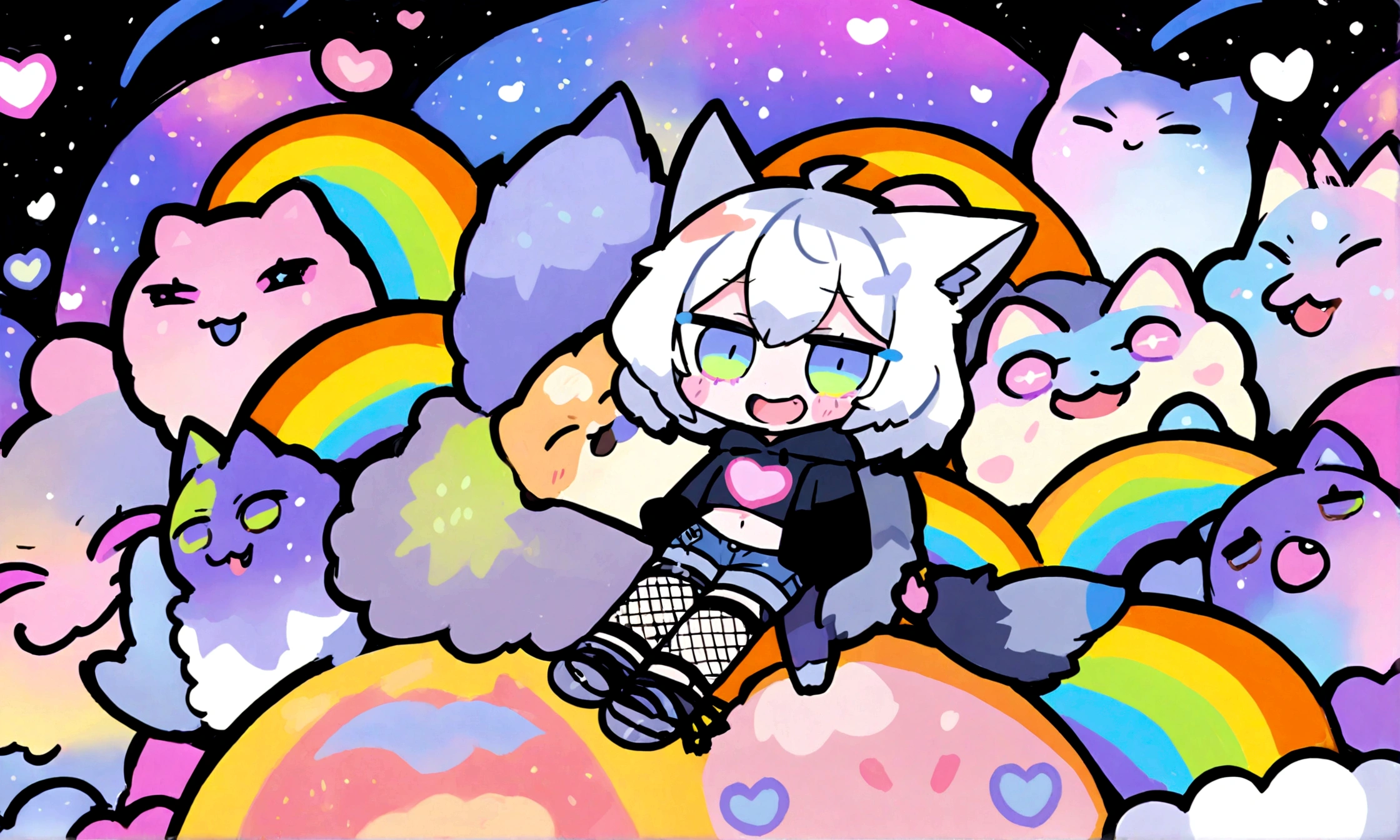 a cute chibi style adult male with wolf ears, white hair, has a wolf tail, wearing a loose cropped oversized black hoodie, wearing a pair of denim short shorts and fishnet stockings, thick thighs, wide hips, dancing on mound of fluffy multi colored kawaii plushies, short, very slim, showing slender tummy, heart on hoodie, squishy thighs, has glowing blue eyes. alone, solo (ALONE)(SOLO), surrounded by rainbows, colorful galaxy backround, big happy open mouthed smile on his face