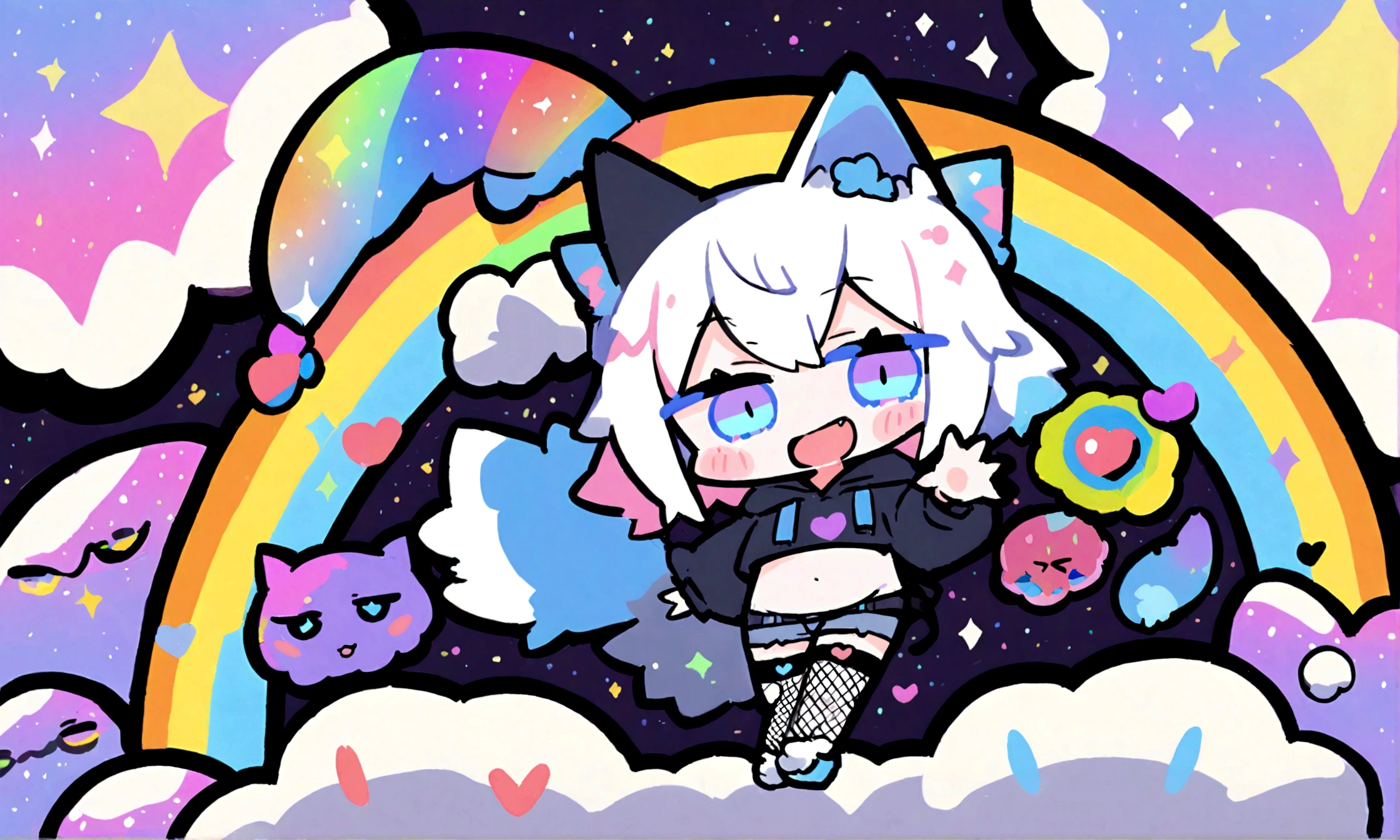 a cute chibi style adult male with wolf ears, white hair, has a wolf tail, wearing a loose cropped oversized black hoodie, wearing a pair of denim short shorts and fishnet stockings, thick thighs, wide hips, dancing on mound of fluffy multi colored kawaii plushies, short, very slim, showing slender tummy, heart on hoodie, squishy thighs, has glowing blue eyes. alone, solo (ALONE)(SOLO), surrounded by rainbows, colorful galaxy backround, big happy open mouthed smile on his face
