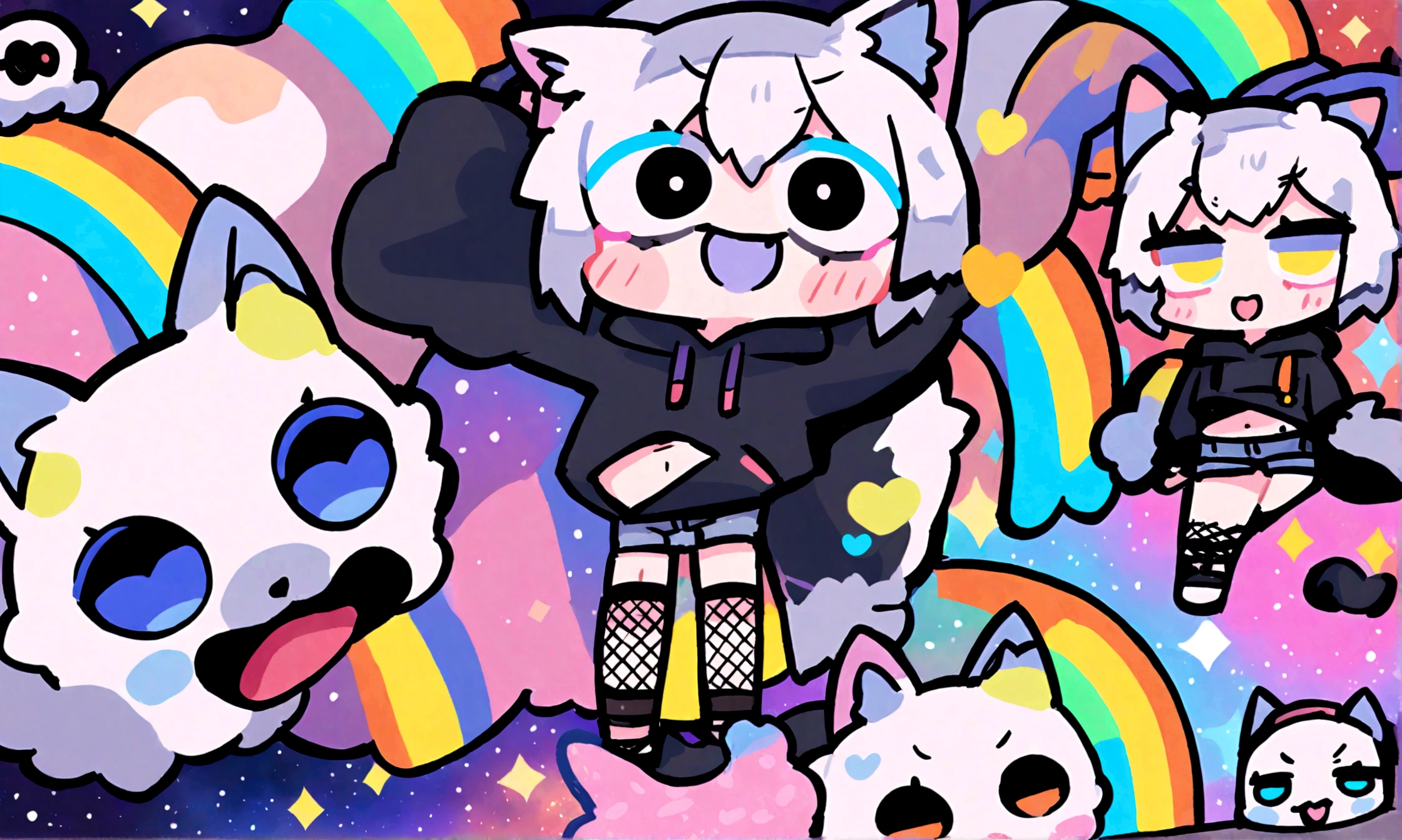 a cute chibi style adult male with wolf ears, white hair, has a wolf tail, wearing a loose cropped oversized black hoodie, wearing a pair of denim short shorts and fishnet stockings, thick thighs, wide hips, dancing on mound of fluffy multi colored kawaii plushies, short, very slim, showing slender tummy, heart on hoodie, squishy thighs, has glowing blue eyes. alone, solo (ALONE)(SOLO), surrounded by rainbows, colorful galaxy backround, big happy open mouthed smile on his face