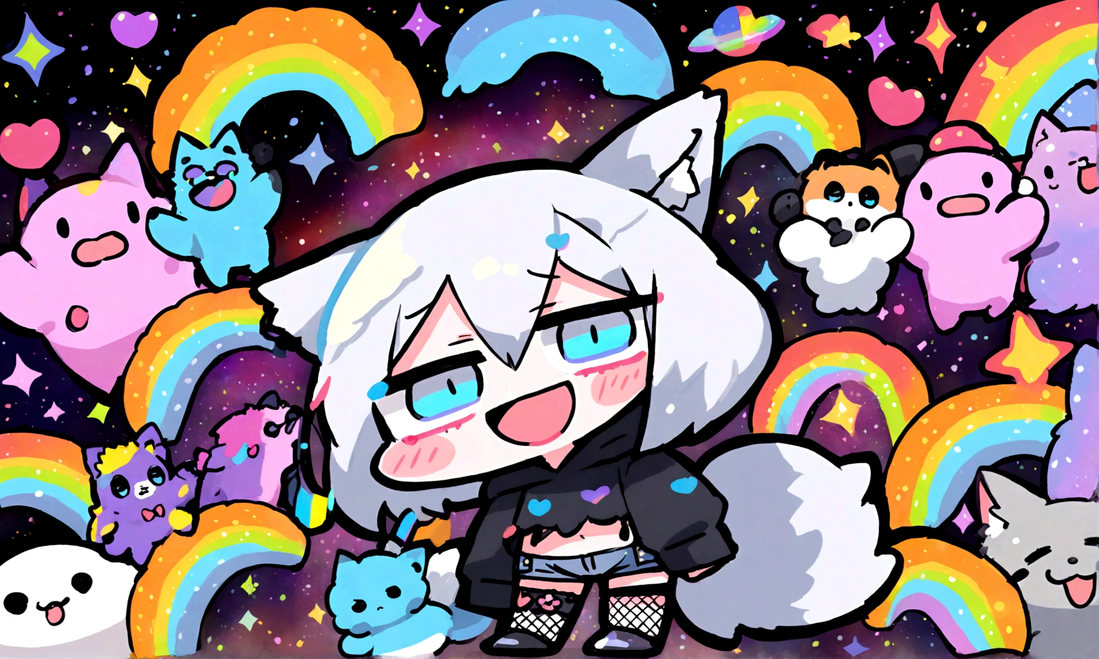 a cute chibi style adult male with wolf ears, white hair, has a wolf tail, wearing a loose cropped oversized black hoodie, wearing a pair of denim short shorts and fishnet stockings, thick thighs, wide hips, dancing on mound of fluffy multi colored kawaii plushies, short, very slim, showing slender tummy, heart on hoodie, squishy thighs, has glowing blue eyes. alone, solo (ALONE)(SOLO), surrounded by rainbows, colorful galaxy backround, big happy open mouthed smile on his face