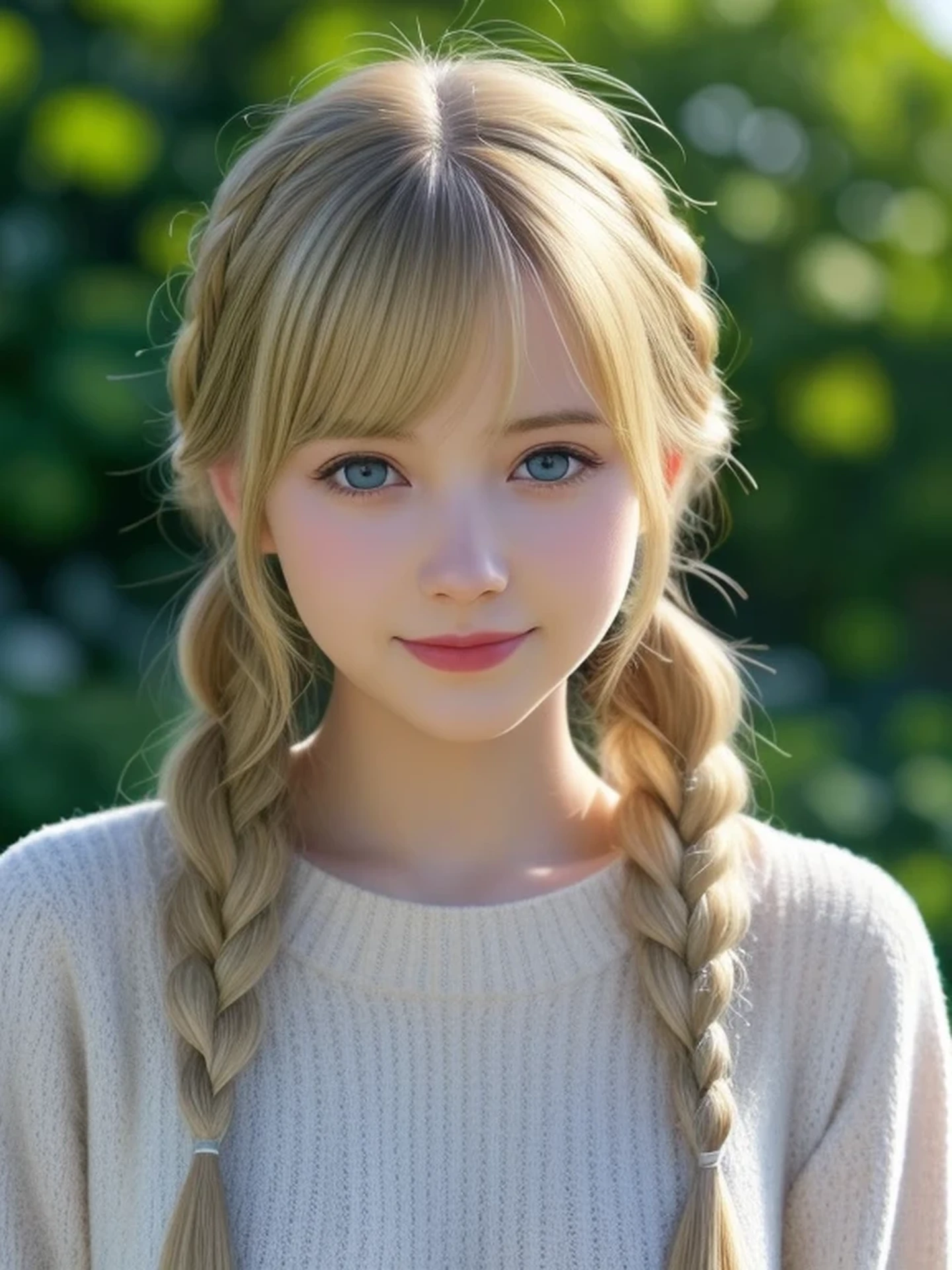 (looking away:1.2), Realistic digital painting of a woman portrait, Shy, Cute Smile, blue eyes, braid hair, bangs, (Soft Blonde Hair:1.3), (Highly detailed skin:1.2), Mystical style, Global Illumination, sweater
