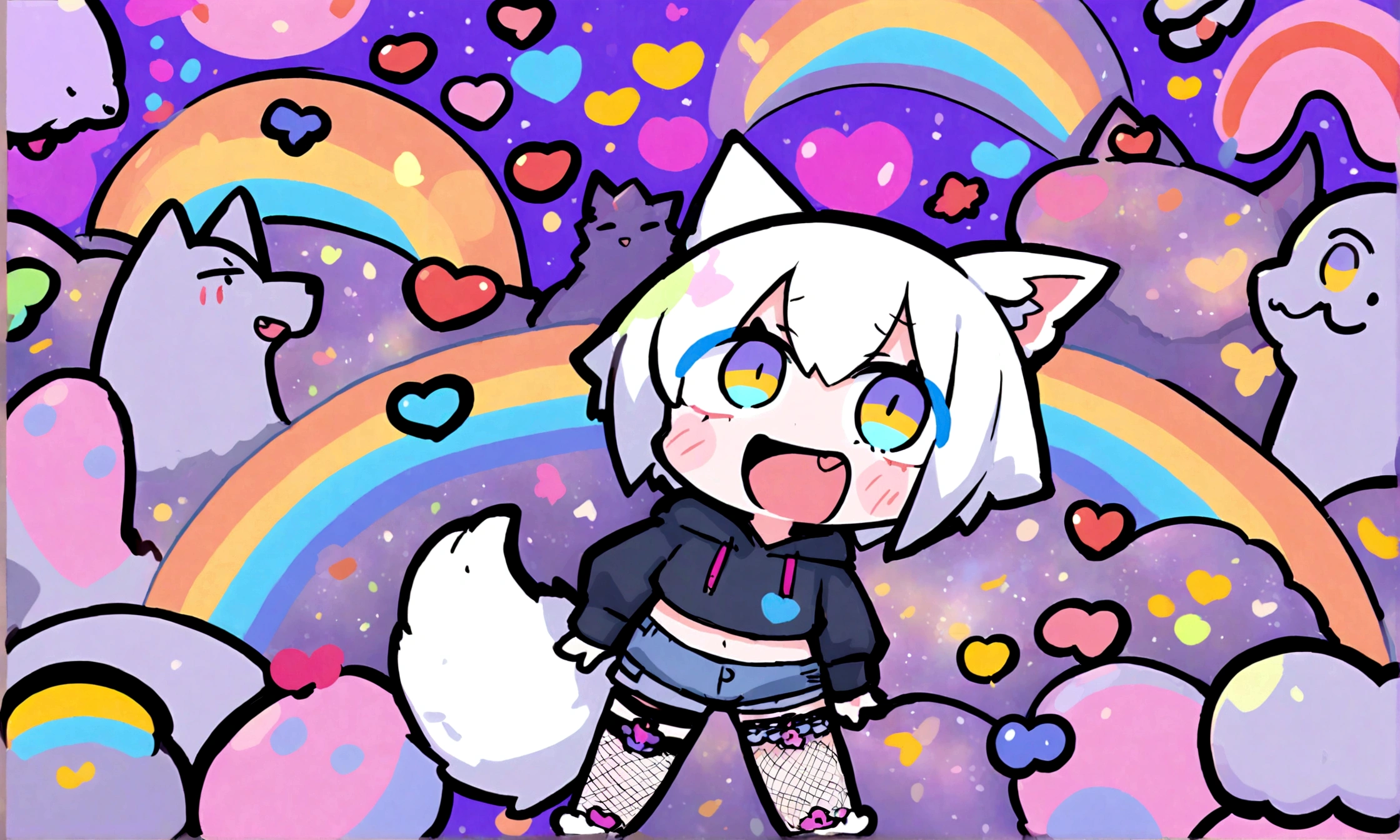 a cute chibi style adult male with wolf ears, white hair, has a wolf tail, wearing a loose cropped oversized black hoodie, wearing a pair of denim short shorts and fishnet stockings, thick thighs, wide hips, dancing on mound of fluffy multi colored kawaii plushies, short, very slim, showing slender tummy, heart on hoodie, squishy thighs, has glowing blue eyes. alone, solo (ALONE)(SOLO), surrounded by rainbows, colorful galaxy backround, big happy open mouthed smile on his face