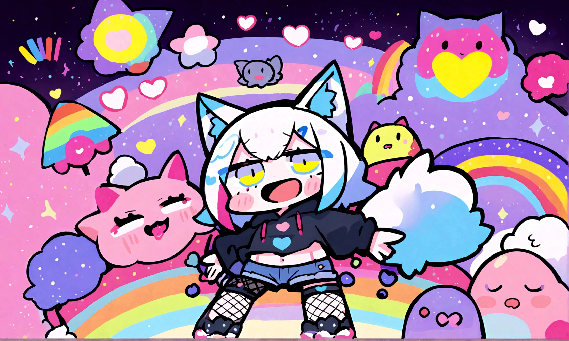 a cute chibi style adult male with wolf ears, white hair, has a wolf tail, wearing a loose cropped oversized black hoodie, wearing a pair of denim short shorts and fishnet stockings, thick thighs, wide hips, dancing on mound of fluffy multi colored kawaii plushies, short, very slim, showing slender tummy, heart on hoodie, squishy thighs, has glowing blue eyes. alone, solo (ALONE)(SOLO), surrounded by rainbows, colorful galaxy backround, big happy open mouthed smile on his face