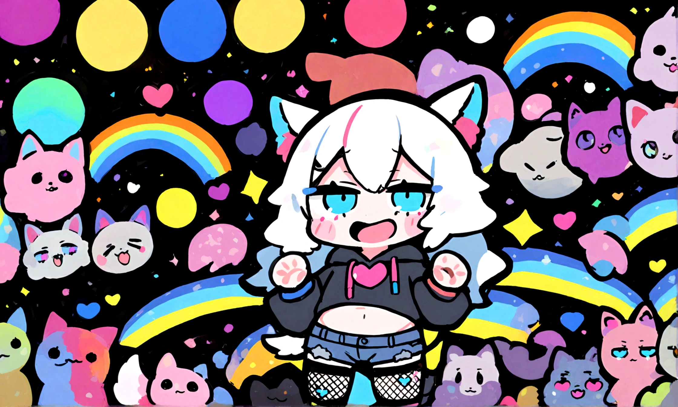 a cute chibi style adult male with wolf ears, white hair, has a wolf tail, wearing a loose cropped oversized black hoodie, wearing a pair of denim short shorts and fishnet stockings, thick thighs, wide hips, dancing on mound of fluffy multi colored kawaii plushies, short, very slim, showing slender tummy, heart on hoodie, squishy thighs, has glowing blue eyes. alone, solo (ALONE)(SOLO), surrounded by rainbows, colorful galaxy backround, big happy open mouthed smile on his face