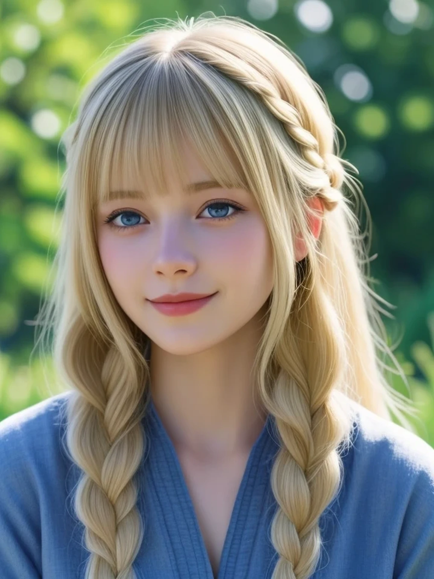 (looking away:1.2), Realistic digital painting of a woman portrait, Shy, Cute Smile, blue eyes, braid hair, bangs, (Soft Blonde Hair:1.3), (Highly detailed skin:1.2), Mystical style, Global Illumination,