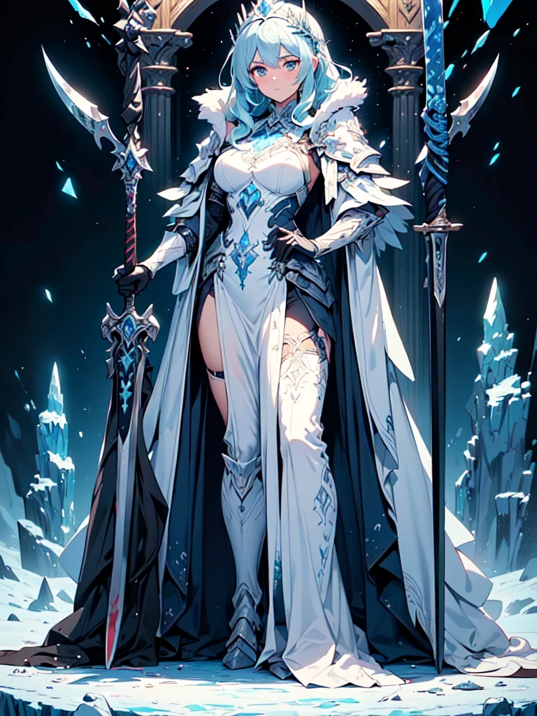 (((masterpiece, best quality, high detailed, 8k))) Design a layout showcase Gaming character, (1girl). White|Blue clothes, stylish and unique. ((showcase weapon:1.4)), ice spear. (masterpiece:1.2), (best quality), 4k, ultra-detailed. (Step by step design, layout art:1.5), (luminous lighting, atmospheric lighting). ice queen, ((glove full hands)), (((revealing clothes:1.3))), vambraces, armored legwear, (((full_body_shot:1.4))). {In an icy cavern}.
