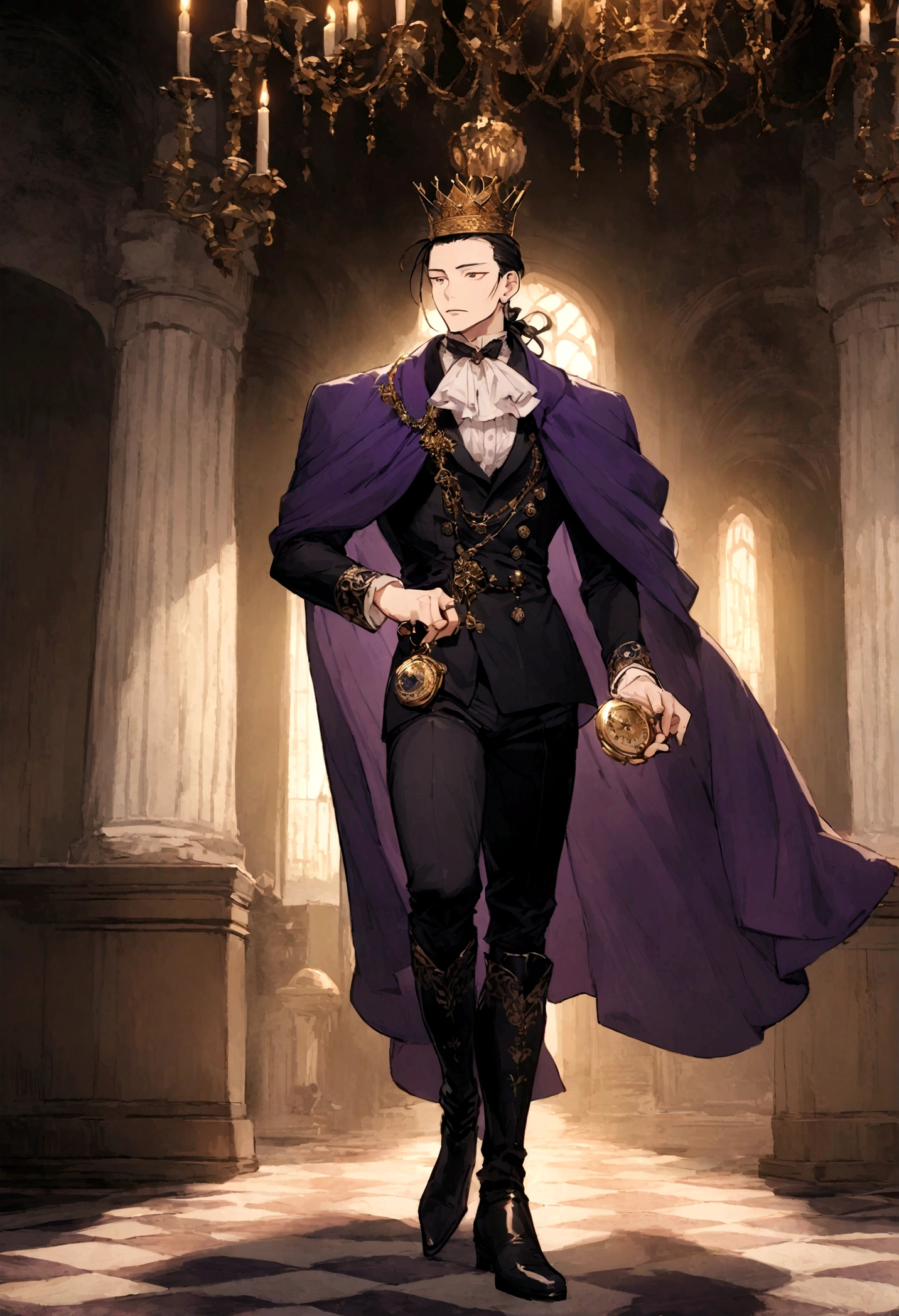 "Suguru Geto from Jujutsu Kaisen dressed as an English nobleman. He wears a deep blue velvet coat with gold embroidery, a white ruffled shirt, black trousers, and polished black knee-high boots. He has a gold crown with sapphires, a purple velvet cape lined with red satin, gold and silver rings, and a gold pocket watch. His hair is tied with a black ribbon. He stands confidently in a grand castle hall with tapestries and a chandelier."