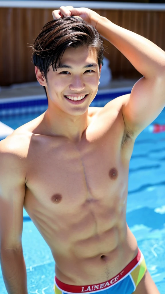 male Age 28 swimwear lifeguard topless smile