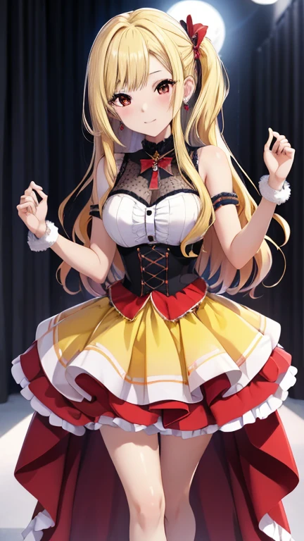 masterpiece, best quality, highres, kitagawa marin, 1girl, blonde hair, long hair, swept bangs, gradient hair, red eyes, jewelry, earrings, piercing, idol dress, puffy skirt, flared skirt, full body