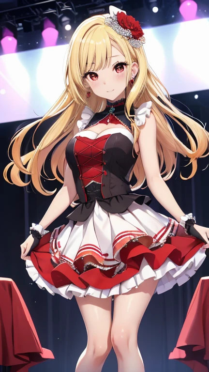 masterpiece, best quality, highres, kitagawa marin, 1girl, blonde hair, long hair, swept bangs, gradient hair, red eyes, jewelry, earrings, piercing, idol dress, puffy skirt, flared skirt, full body