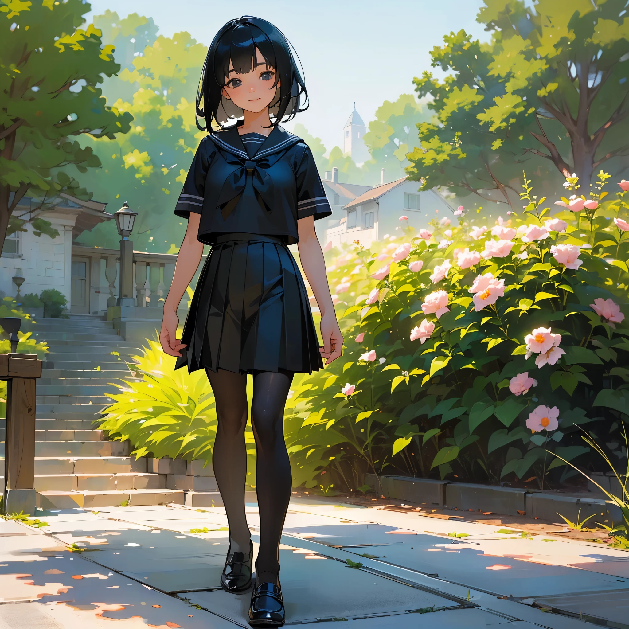 (highest quality, High resolution, Super detailed, Realistic:1.37), Peaceful atmosphere, (Outdoor, garden), Teenage girl standing alone, Beautifully detailed features, Cute Smile, ((Black bob hair)),Short-sleeved sailor uniform, Pleated skirt,Black tights,Leather shoes.