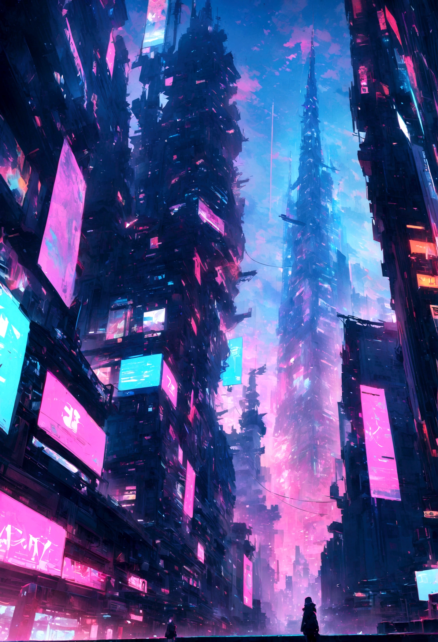 Future Architecture, Cyberpunk, Tallest Building, Skyscape, Neon lights on buildings, 8K picture quality, masterpiece, nobody
