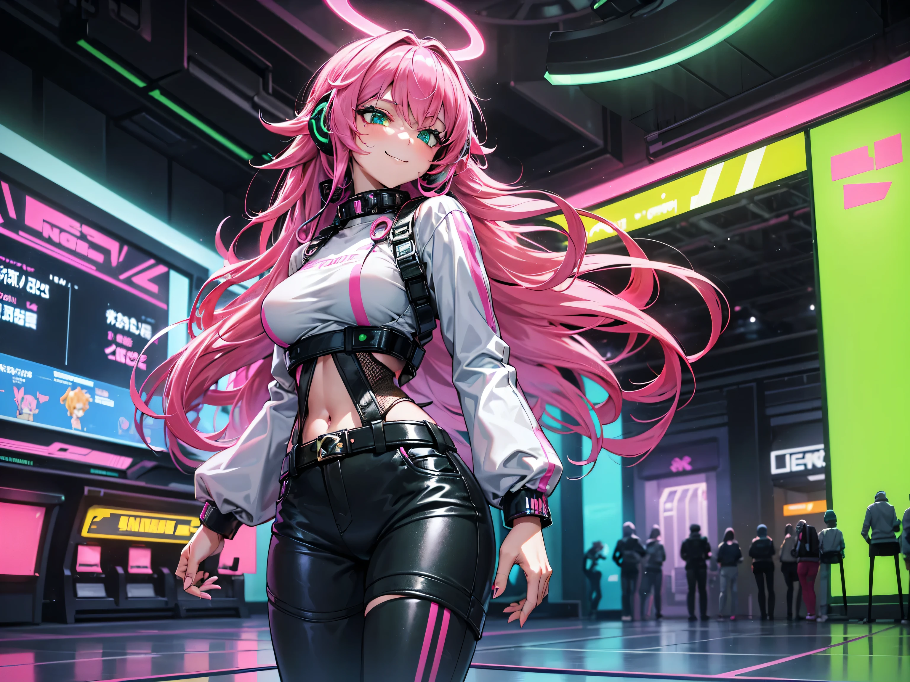 masterpiece:1.4, 1girl ((20year old, dressed in long sleeve shirt, tight black shorts, sneakers, medium breasts, multicolor pink hair, curly long hair, perfect model body, green eyes:1.4, Wearing headphones, looking up, happy, smiling, flirting, inside an arcade, neon lighting and colorful, futuristic club, futuristic and exciting atmosphere)) ((solo))