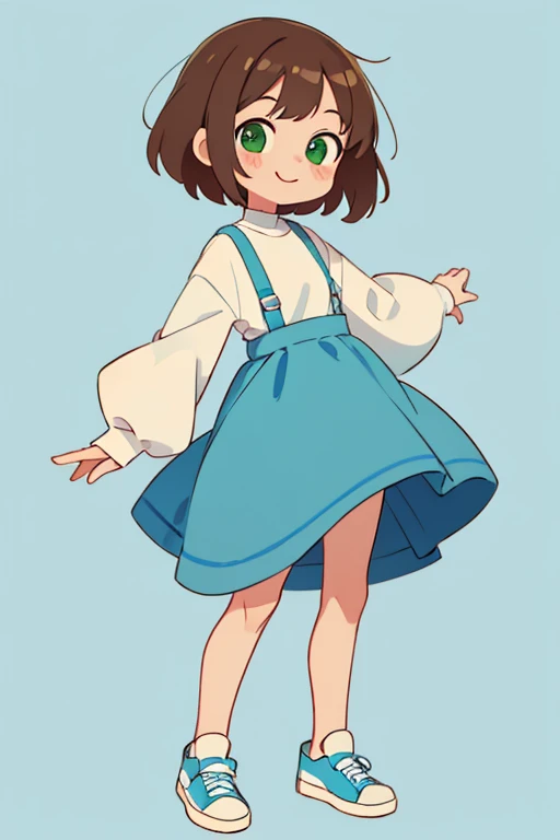 simple chibi style drawing of a cute smiling doing a straight pose standing, hands not showing, hands hidden, wearing a blue dress and white sneakers, brown hair and green eyes, chibi style full body