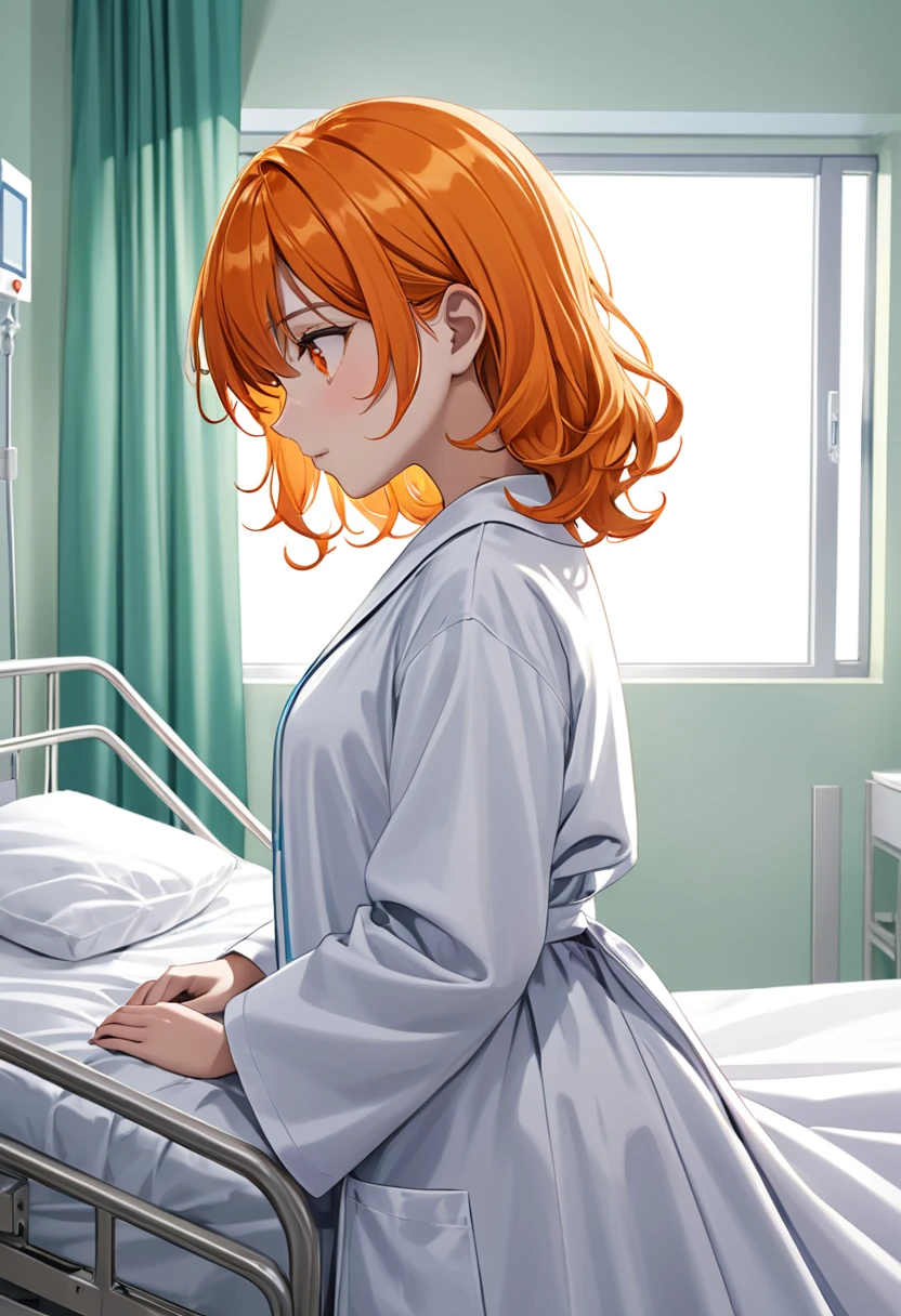 18 year old girl, cabello color naranja, ondulado y corto, delgada, dressed in a medical gown, acostada en una camilla y arropada con una manta blanca, fondo de hospital, dormida y mostrando solamente su perfil con los ojos cerrados