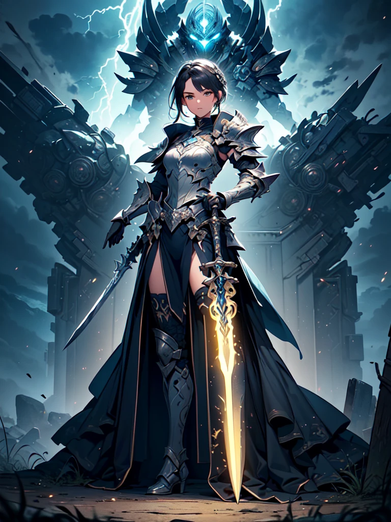 (((masterpiece, best quality, high detailed, 8k))) Design a layout showcase Gaming character, (1girl). Gold|Black clothes, stylish and unique. ((showcase weapon:1.4)), thunder hammer. (masterpiece:1.2), (best quality), 4k, ultra-detailed. (Step by step design, layout art:1.5), (luminous lighting, atmospheric lighting). storm warrior, ((glove full hands)), (((revealing clothes:1.3))), vambraces, armored legwear, (((full_body_shot:1.4))). {In a stormy battlefield}.