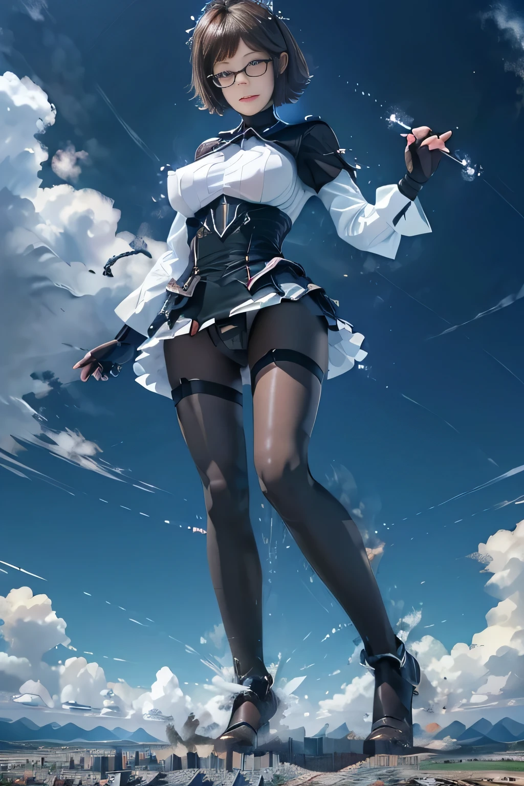 giantess art, highly detailed giantess shots, giantess, Two legs, Five fingers, short hair, A beautiful girl who is bigger than a skyscraper, Wearing rimless glasses, smile, Big Breasts, In underwear, Black Pantyhose, black pantyhose, no shoes on, toes visible through pantyhose, Steam coming out from the soles of my feet, Destroying cities, A very small big city, Miniature metropolis, Full body description, GTS, giga giantess, stomping city, crash city, tiny city, micro city, pantyhose feet, High resolution, highest quality, masterpiece, Maid, maid, transparent bodystocking,