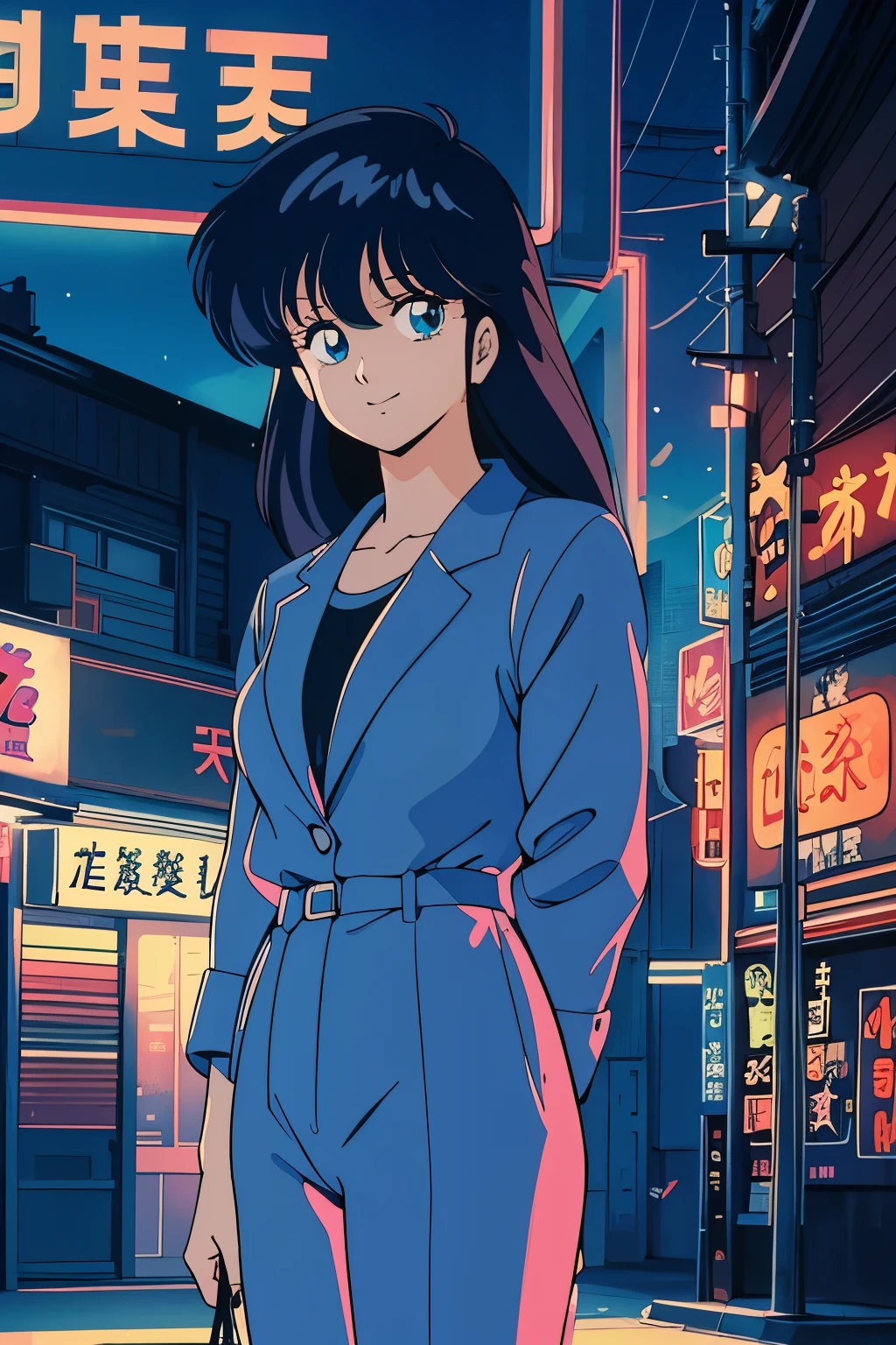 high quality, masterpiece, best quality, anime screen cap, street, night, shadows, deep shadows, blue lights, neon blue lights, bokeh, bokeh effect, tokyo, 80s, 80s tokyo night, 1girl, smile, 80s clothing, shoulder pads colourful suit, attractice pose, dark blue hair, 80s asian neon movie still, movie based on 1982 tokyo, (Perfect Anatomy, beautifull detailed face, Beautiful detailed eyes, beautiful detailed hair, Beautiful detailed body)), thick outline, Beautiful outlines, black outlines
