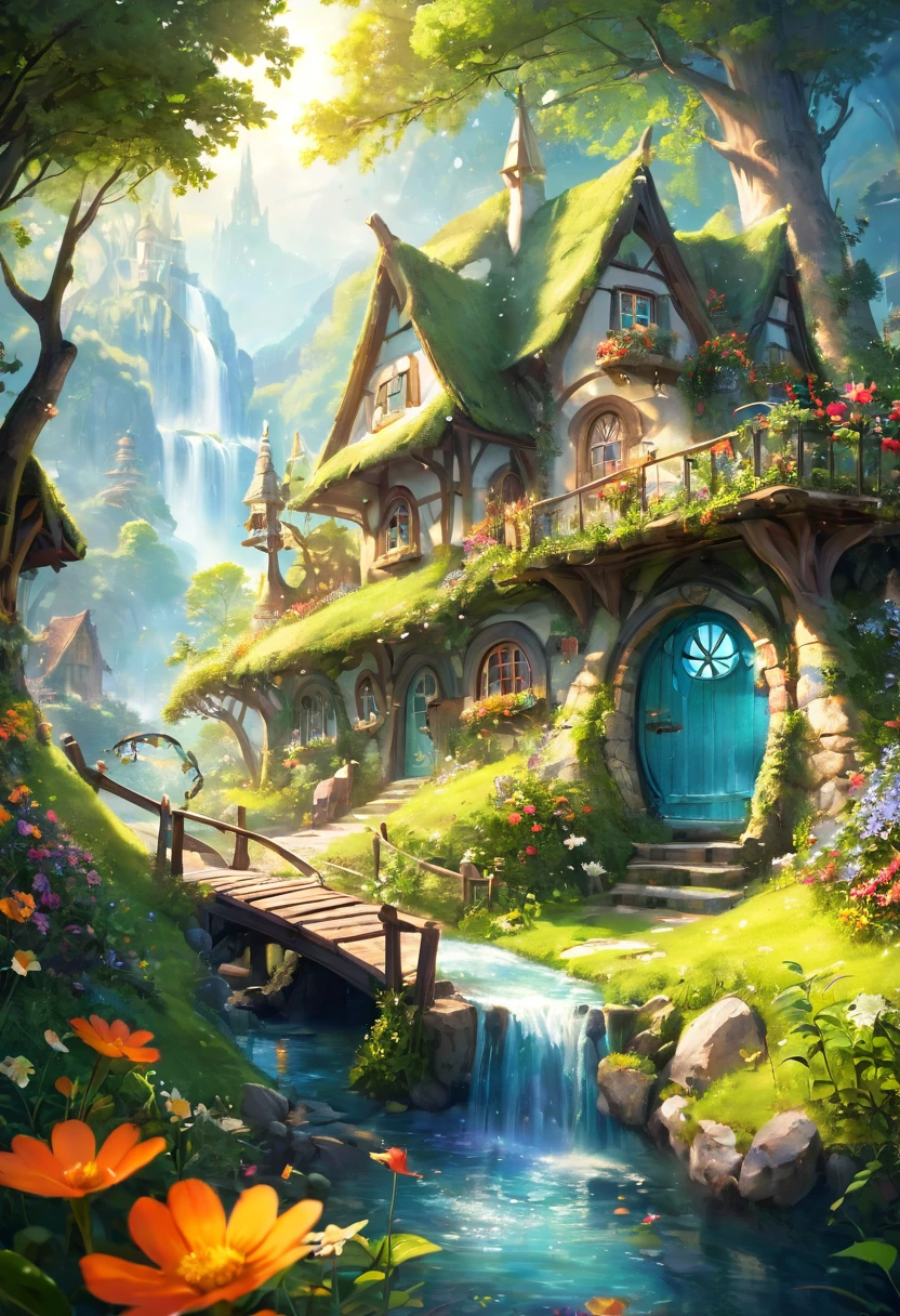 fairy village (HDR, 16K, best quality, 4k, high resolution, masterpiece: 1.2, Extremely detailed, Practical) Portrait of a fairy with delicate wings (Spirit of the Wind, Flower Fairy, Snow fairy...). landscape, Vibrant colors, soft light, magical atmosphere, enchanting, exquisite architecture, Strange Garden, sparkling waterfalls, Blooming flowers, Sparkling garland, Dreamy atmosphere, Mysterious Creatures, Peaceful and tranquil, Hide path, Clear skies, Dancing fairies, Peace, A world of dreams, Ethereal Beauty, Intricate details, Pleasant charm, Jingle bells, secret hideout, Lush greenery, Mysterious Forest, Imaginative pranks, Beautiful movements, Fun interaction, Laughter, heartwarming moment, Engaging story scenes, Idyllic cottage, Sunny meadow, Whisper of magic, Endless wonders.