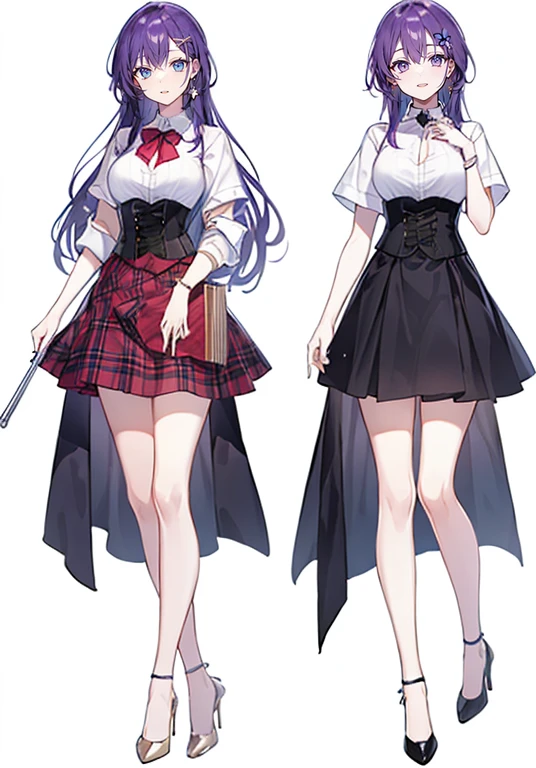 ((Perfect Face)),Purple Hair,long hair,1 female,bartender,White shirt,(((Roll up your sleeves))),corset,Tight Skirt,High heels,((Simple White background)),((smile)),((full body))